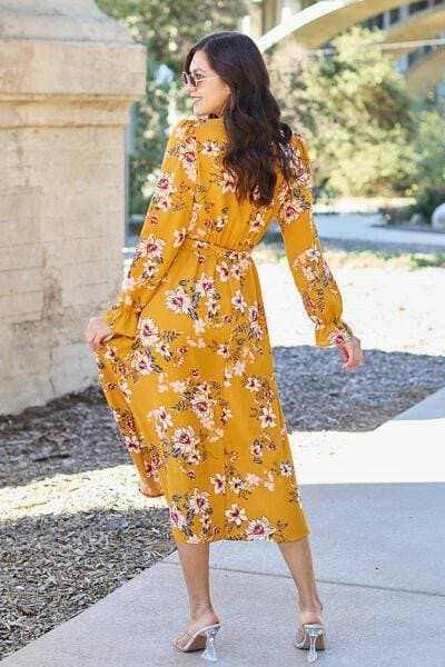 Floral flounce sleeve dress with trendy tie-back detail - Love Salve